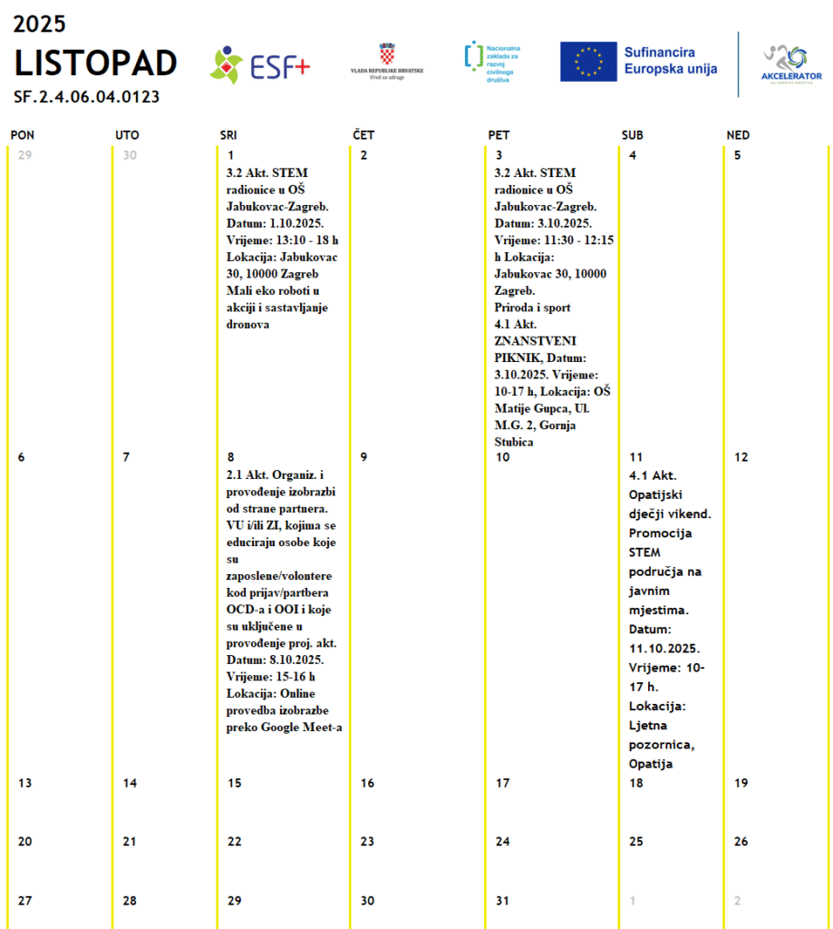 Kalendar događanja – LISTOPAD